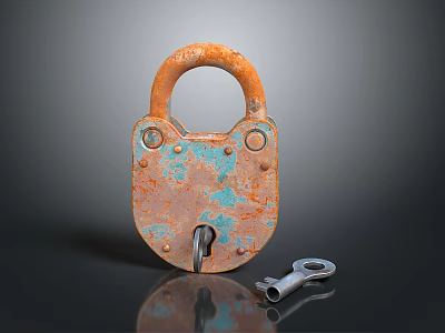 Rusty Metal Door Handle With Padlock And Silver Key On Dark Surface 3d model