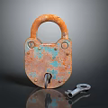 Rusty Metal Door Handle With Padlock And Silver Key On Dark Surface 3d model