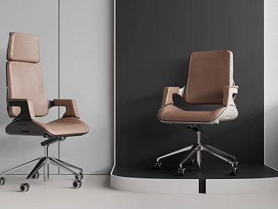 Modern Brown Leather Office Chairs with Armrests and Wheels in Minimalist Display Setting 3d model