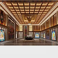 Luxurious Traditional Chinese Hall Interior With Intricate Wooden Ceiling Colorful Murals And Central Chandelier