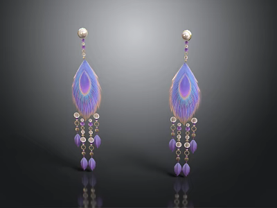Peacock Feather Shaped Earrings With Purple Blue Gradient And Beads Pendants 3d model