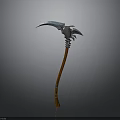 Medieval Scythe Weapon With Metal Blade Wooden Handle And Decorative Details