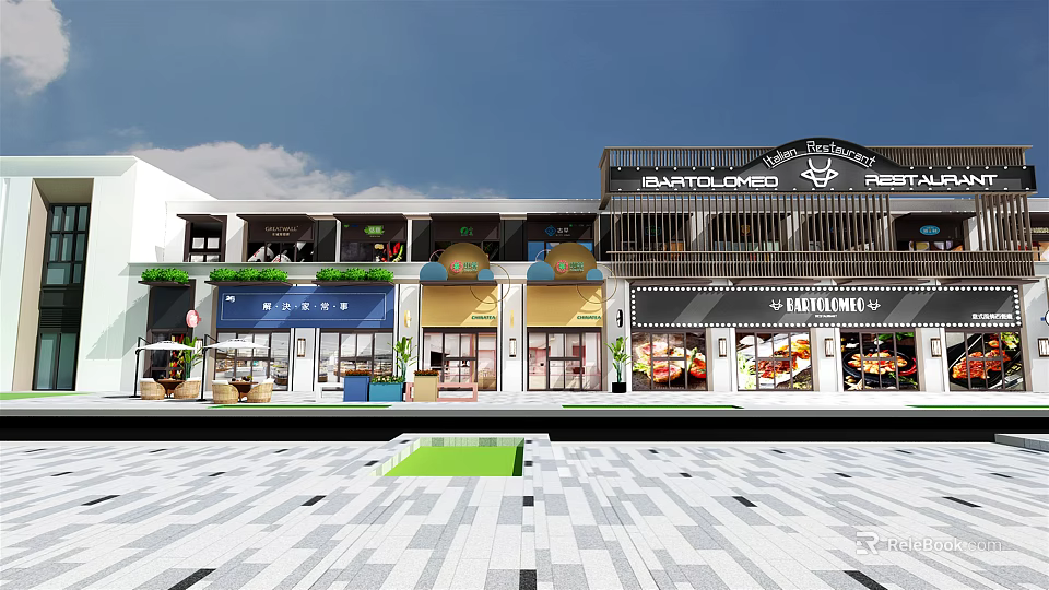 Modern Commercial Street With Colorful Storefronts Awnings Outdoor Seating And Paved Plaza 3d model 