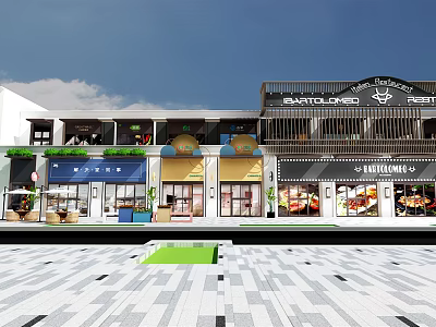 Modern Commercial Street With Colorful Storefronts Awnings Outdoor Seating And Paved Plaza 3d model