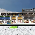 Modern Commercial Street With Colorful Storefronts Awnings Outdoor Seating And Paved Plaza