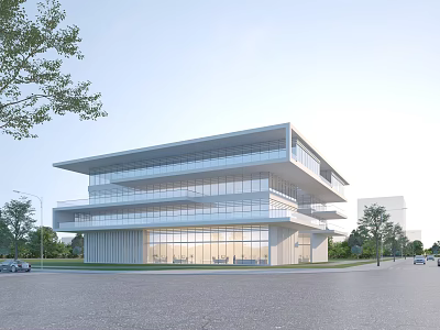 Modern Multi Story Office Building With Glass Facade And Roadside Trees 3d model