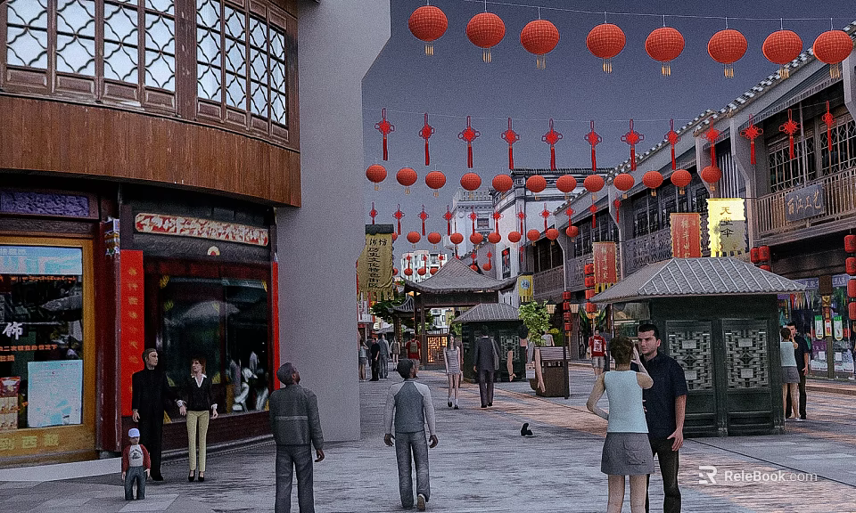 Traditional Chinese Style Commercial Street With Red Lanterns Pedestrians And Shops 3d model 
