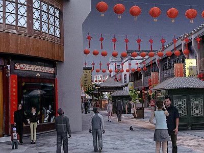 Traditional Chinese Style Commercial Street With Red Lanterns Pedestrians And Shops 3d model