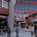 Traditional Chinese Style Commercial Street With Red Lanterns Pedestrians And Shops