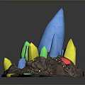 Colorful Crystal Cluster With Various Colored Points On Rock Base And Small Particles 3d model