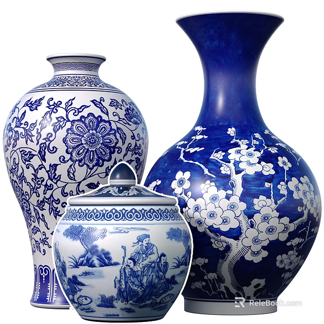 Blue and White Ceramic Vessels with Floral Patterns Plum Blossoms Vases and Landscape Jar 3d model 