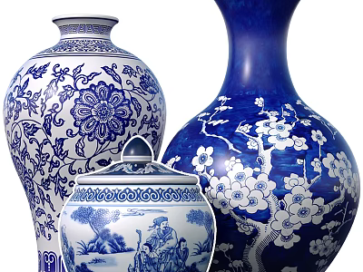 Blue and White Ceramic Vessels with Floral Patterns Plum Blossoms Vases and Landscape Jar 3d model