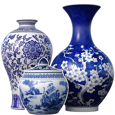Blue and White Ceramic Vessels with Floral Patterns Plum Blossoms Vases and Landscape Jar 3d model