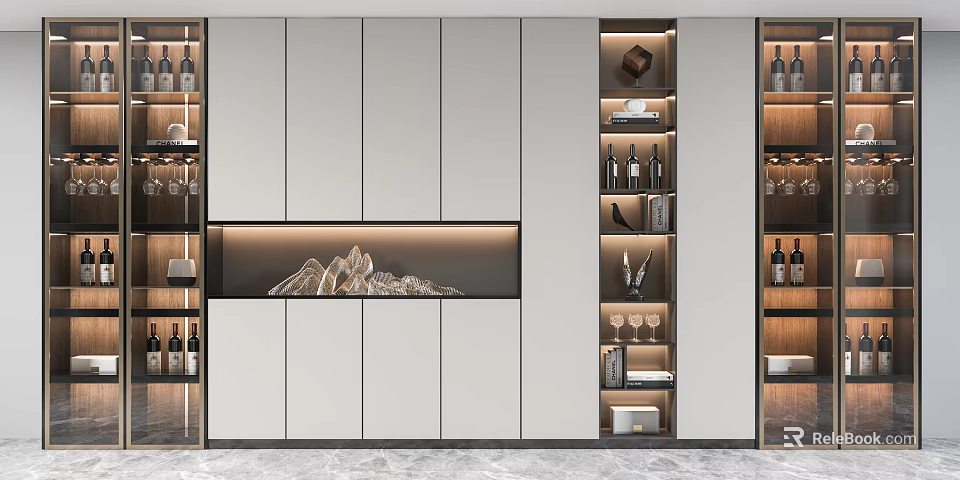 Contemporary Wine Cabinet With Layered Wine Racks Glasses Storage And Decorative Mountain Sculpture 3d model 