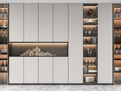 Contemporary Wine Cabinet With Layered Wine Racks Glasses Storage And Decorative Mountain Sculpture 3d model