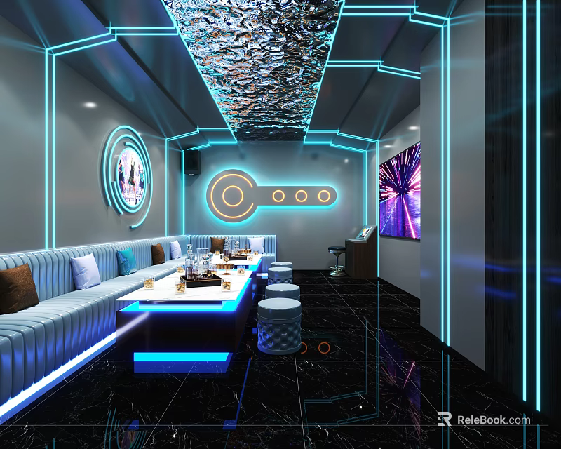 Modern KTV Interior Design with Blue Neon Lights Sofa Table TV Screen and Marble Floor 3d model 