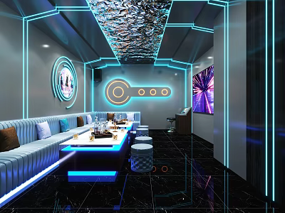 Modern KTV Interior Design with Blue Neon Lights Sofa Table TV Screen and Marble Floor 3d model