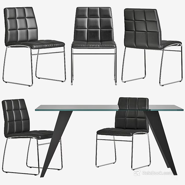 Modern Table And Chairs Set With Glass Top Black Leather Tufted Seats Metal Legs 3d model 