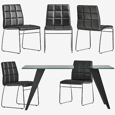Modern Table And Chairs Set With Glass Top Black Leather Tufted Seats Metal Legs 3d model