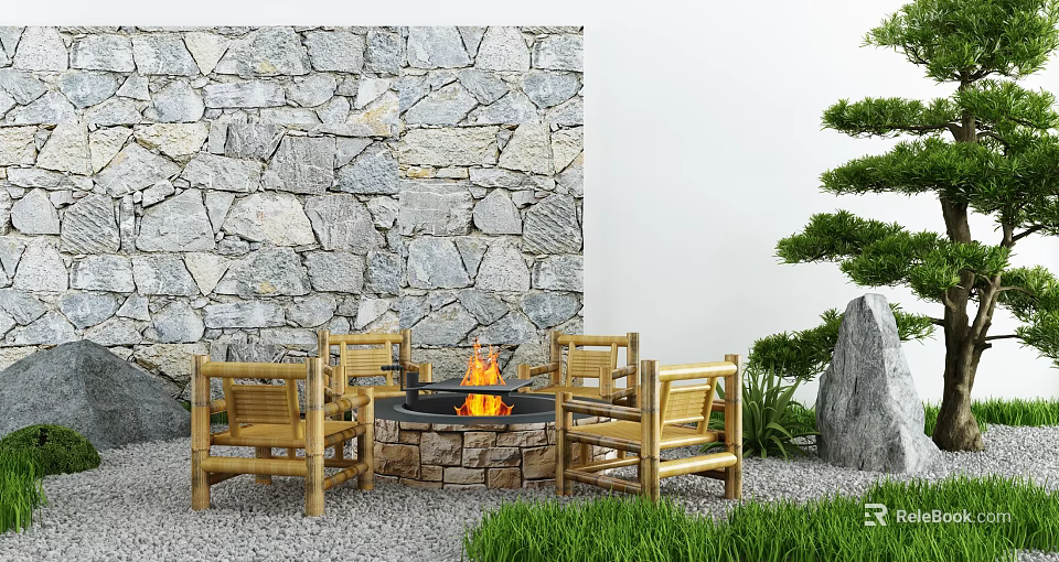 Landscape Seating With Wooden Chairs Circular Fire Pit Stone Wall And Green Plants 3d model 
