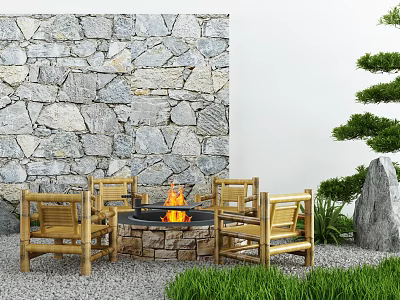 Landscape Seating With Wooden Chairs Circular Fire Pit Stone Wall And Green Plants 3d model