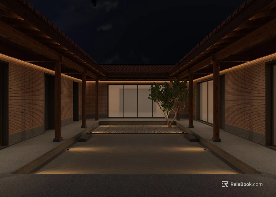 Traditional Garden Landscape at Night With Brick Walls Wooden Structures Glass Doors and Illuminated Tree 3d model 