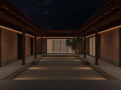 Traditional Garden Landscape at Night With Brick Walls Wooden Structures Glass Doors and Illuminated Tree 3d model