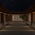 Traditional Garden Landscape at Night With Brick Walls Wooden Structures Glass Doors and Illuminated Tree