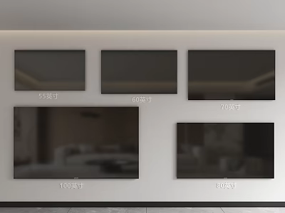 Various Size Televisions with 55 65 75 and 100 Inch Models Displayed on Wall 3d model