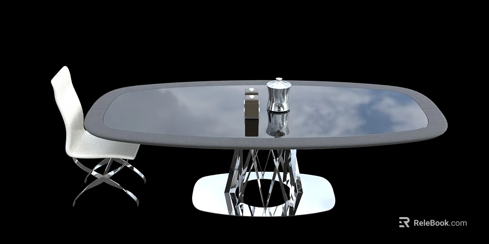 Modern Conference Table With Sleek Reflective Surface Metal Geometric Base And White Chair 3d model 