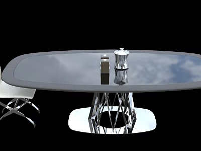 Modern Conference Table With Sleek Reflective Surface Metal Geometric Base And White Chair 3d model