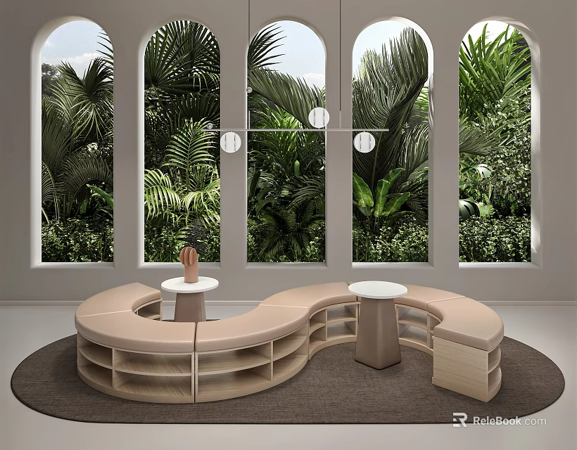 Modern Curved Public Chair With Green Plants Background Arched Windows And Small Round Tables 3d model 