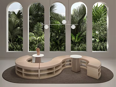 Modern Curved Public Chair With Green Plants Background Arched Windows And Small Round Tables 3d model