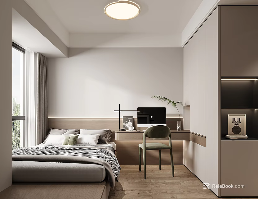 Modern Minimalist Bedroom Interior With Large Bed Desk Chair Wardrobe And Green Plant 3d model 