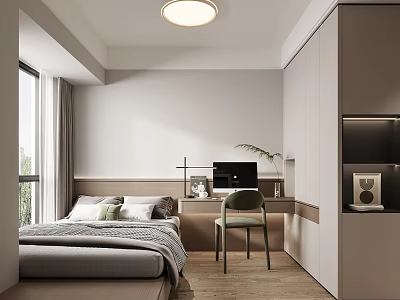 Modern Minimalist Bedroom Interior With Large Bed Desk Chair Wardrobe And Green Plant 3d model
