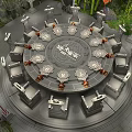 Cartoon Scene With Circular Dining Table Chairs Bamboo Red Flags And Green Plants