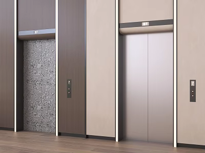 Modern Elevator Design With Sleek Metallic Doors And Beige Wooden Wall Panels 3d model