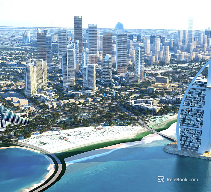 Modern Urban Cityscape With Tall Skyscrapers Sandy Coastal Beach And Blue Water 3d model 