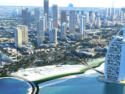 Modern Urban Cityscape With Tall Skyscrapers Sandy Coastal Beach And Blue Water 3d model