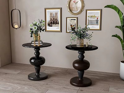 Elegant Black and Brown Side Tables with Spherical Bases Round Tabletops and Green Plant Vases 3d model