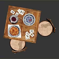 Wooden Dining Table With High Wicker Chairs Water Jug And Decorative Plates