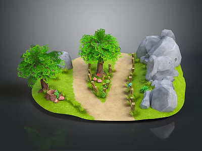 Cartoon Scene With Green Trees Rocks Dirt Path Green Grass And Pink Flowers 3d model