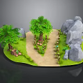 Cartoon Scene With Green Trees Rocks Dirt Path Green Grass And Pink Flowers