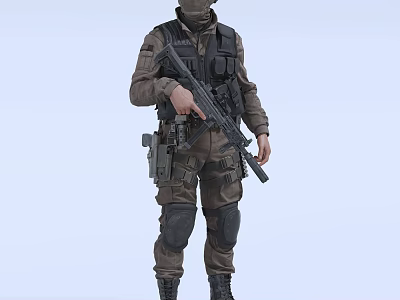 A Man In Camouflage Uniform Wearing Mask With Tactical Vest Holding Rifle 3d model