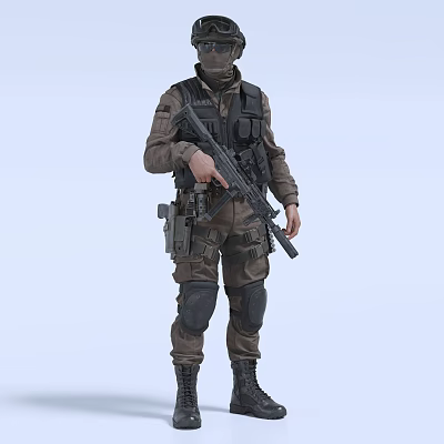A Man In Camouflage Uniform Wearing Mask With Tactical Vest Holding Rifle 3d model