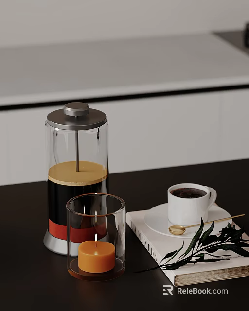 Modern Decorative Ornament Set With French Press Coffee Cup Glass Spoon And Plants On Table 3d model 
