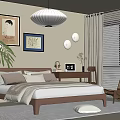 Modern Cozy Bedroom Interior With Bed Nightstand Lamp Wall Art Pendant Light And Window Blinds