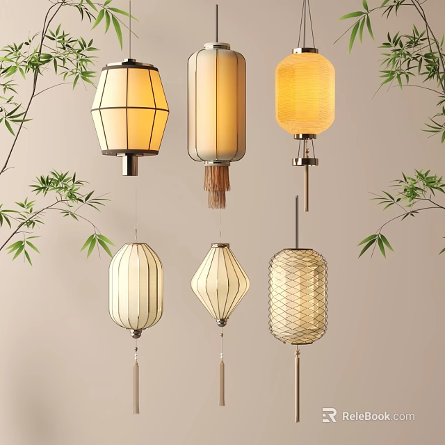 Traditional Lantern Designs In Various Shapes With Bamboo Leaves And Warm Lighting 3d model 