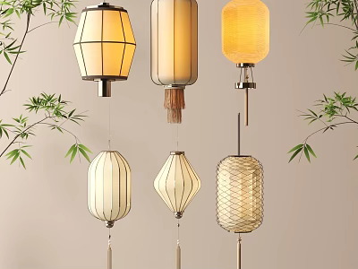 Traditional Lantern Designs In Various Shapes With Bamboo Leaves And Warm Lighting 3d model