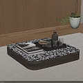 Square Coffee Table With Black White Pattern Wooden Frame On Gray Rug And Potted Plant